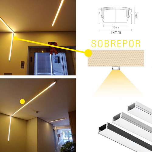 Kit 12 Perfil Led Slim Sobrepor Branco 17mm Barra 2 Metros