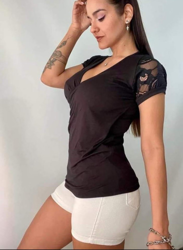 Remera Blusa Manga Corta Encaje V Encaje Dama