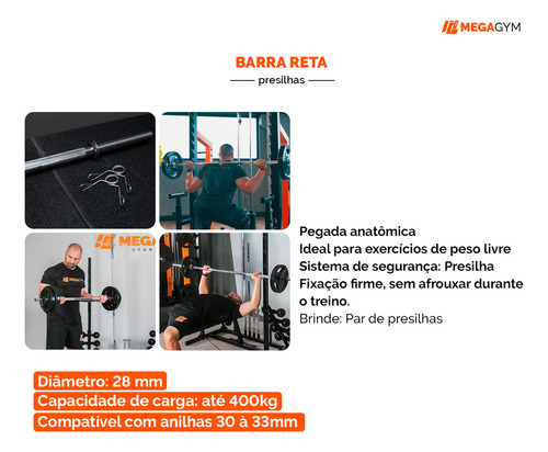 Barra Reta Maciça 2,00m Cromada + Presilhas Para Musculação Cor Cromo