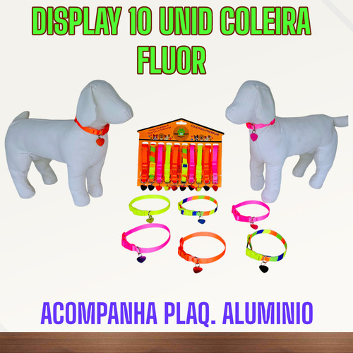 Coleira Atacado Display 10 Unid Cores Flúor Cítricas Super Premium Poliéster Mix Cores. Acompanha Plaquinhas de Alumínio. Tamanho Da Coleira Único Com Regulagem. Original TOP10PET