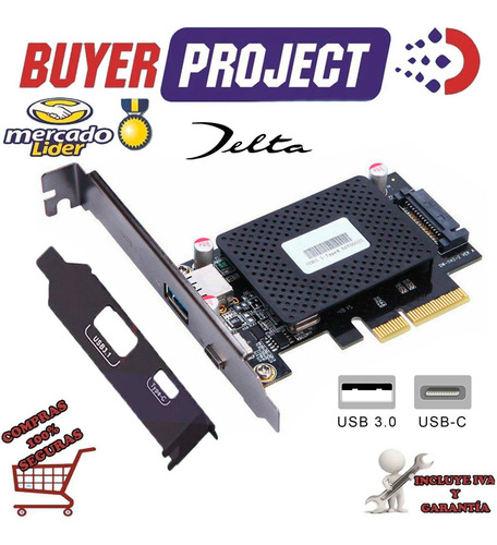 Imagen 1 de 7 de Tarjeta Pci-e Express X1 1 Puerto Usb-c + Usb 3.0 Low Profil