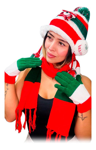 Kit X3 Navideño Gorro Orejas Bufanda Guantes Frío Navidad