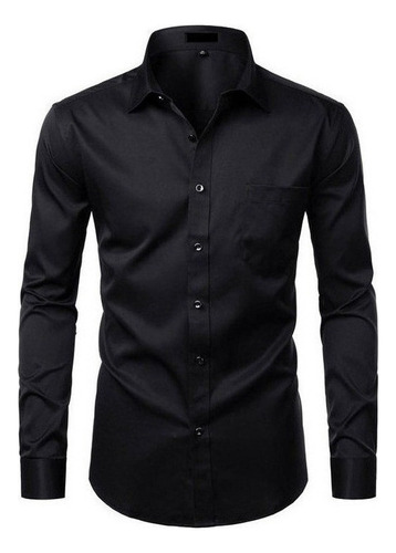 Camisa De Fibra De Bambú Negra Para Hombre, Informal, Ajusta
