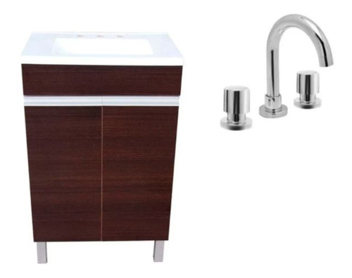 Set Baño Mueble Vanitory Bacha Resistente + Griferia Lavatorio Cuerito Convencional Cromada 3 Agujeros