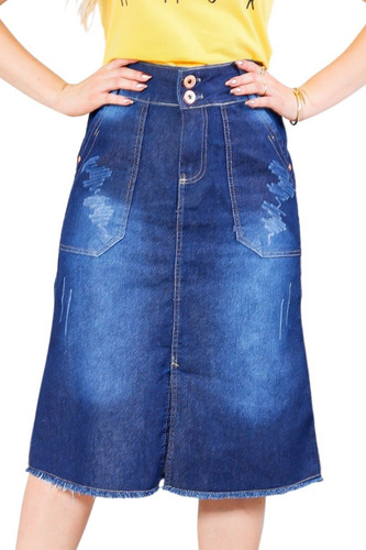 Imagem 1 de 7 de Saia Jeans Evangélica Midi C/ Recortes E Desfiados - Sg4006