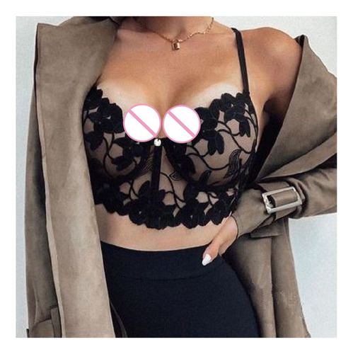 Bralette De Encaje Transparente Con Tirantes Finos Y Cuello