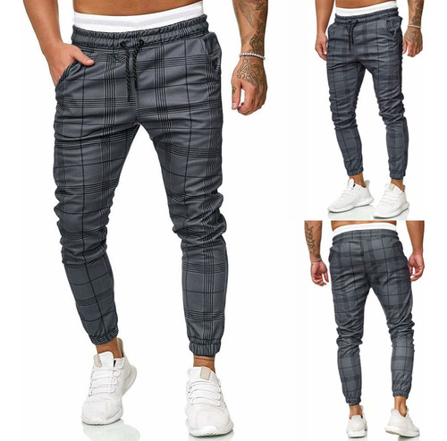 Hombre Largo Casual Deporte Pantalones Cuadros Pantalones