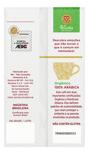 Café Torrado e Moído a Vácuo Orgânico 3 Corações Rituais Pacote 250g