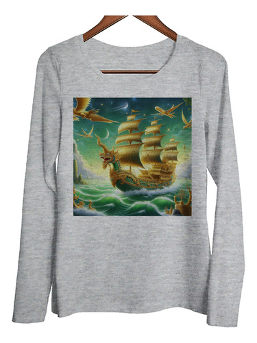 Remera Mujer Ml Barco Dorado Proa De Dragon Navegando