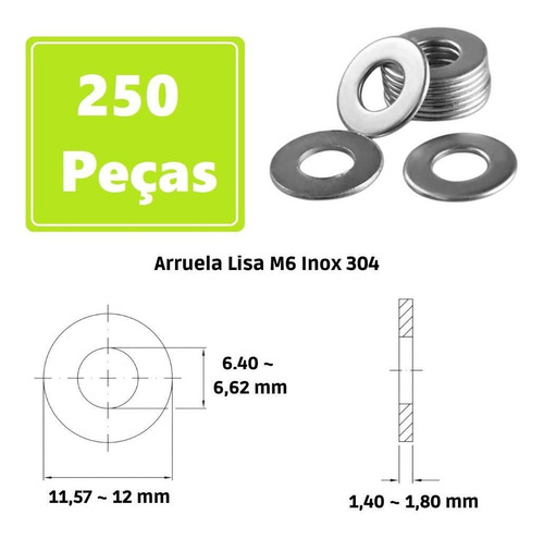 Arruela Lisa M6 Inox A2/304 - 200 Peças