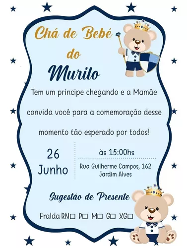 Convite Digital Chá De Bebê Urso Príncipe