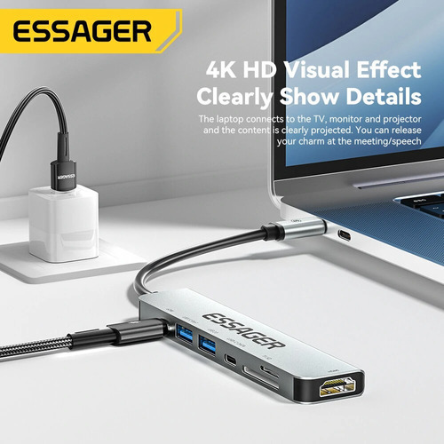 Hub Dock Station Essager 7x1 Hdmi 4k USB-C Usb 3.2 Pd 60 W
