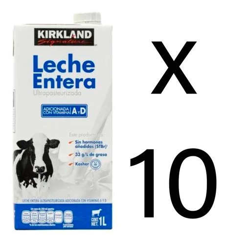 Leche Entera 1 Litro Kirkland Ultrapausterizada Kosher 10pz