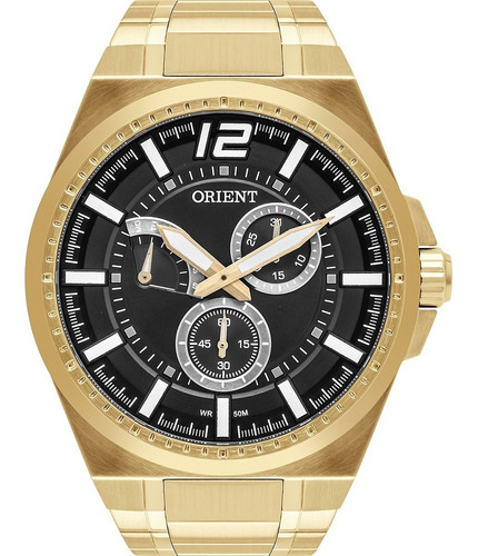 Relógio Orient Masculino Dourado Luxo Calendário Multifunção Cor do fundo Preto