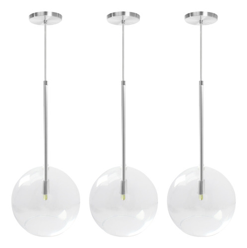 Kit 3 Pendente Lux Escovado Globo Vidro Cristal 25cm + Led