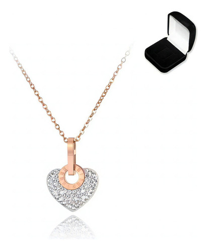 Colar Feminino  Heart Com Cristais Banhada A Ouro Rosê 18k Cor Rosa-claro