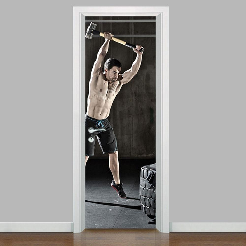 Adesivo De Porta Crossfit Homem Com Marreta 215x80cm