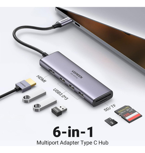 Hub Adaptador 6 En 1 Ugreen Multifuncional Usb C A Sd Tf