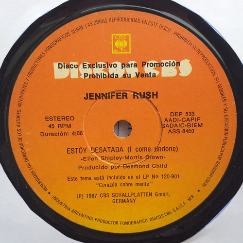 Jennifer Rush  Estoy Desatada - Simple Vinilo Promo 1987