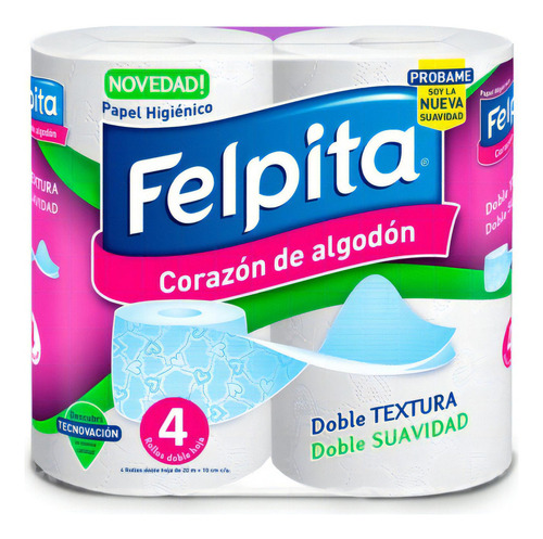 Papel Higiénico Felpita Corazón De Algodón Doble Hoja 20 M De 4 U