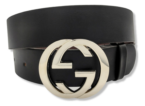 Cinturon Gg Moda Mujer Hombre Negro Liso Unisex G-invertida Color G Invertida Plateada Talla L (125cm)
