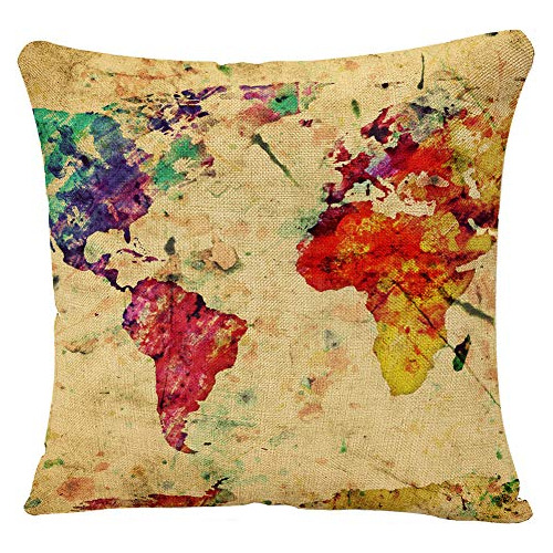 Funda Cuadrada Decorativa Almohada Mapa Mundial Vintage...