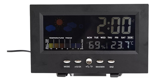 Relógio Digital Mesa Meteorológico Despertador Alarme Tempo Cor Preto