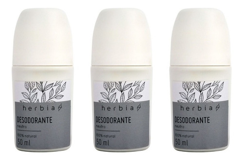 3 Desodorante Roll-on S/ Alumínio Vegano Neutro Herbia 50 Ml