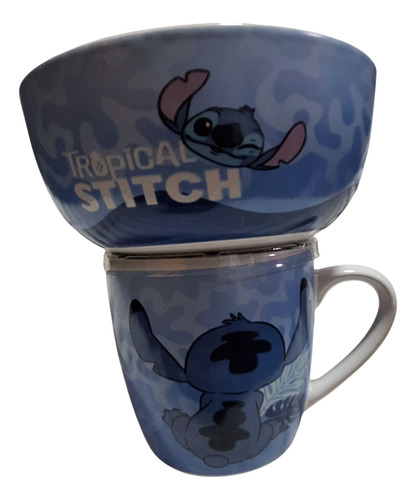 Taza Y Tazón Stich, Cerámica Azul Acero