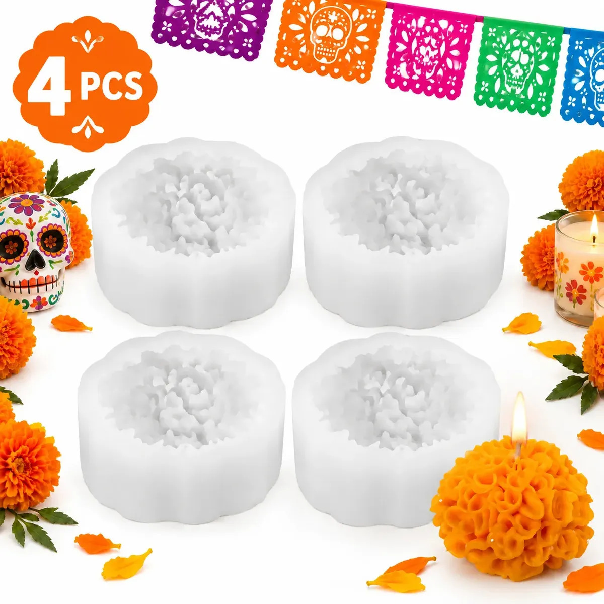 Moldes de Silicona para Velas con Diseño de Cempasúchil, Kit de 4 para Jabón y Resina