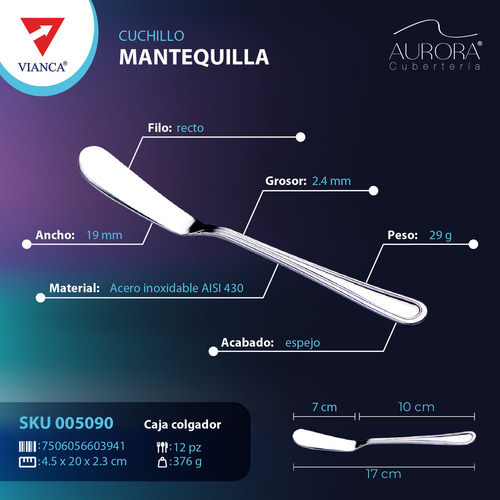 Cuchillo Para Mantequilla Vianca 12 Pz. Acero Inox. Aurora Color Acero inoxidable