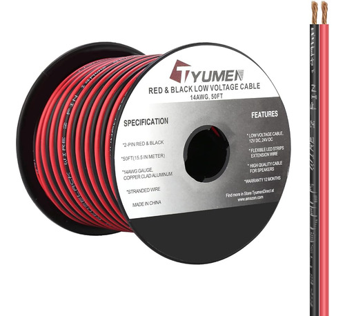 Tyumen 50ft Calibre 14/2 Cable Rojo Negro Conexión Cable Elé
