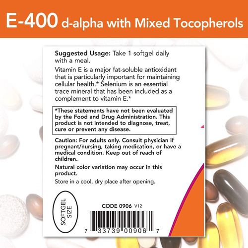 Imagem 2 de 4 de Now Foods Vitamina E-400 Com Tocoferóis Mistos 100 Softgels