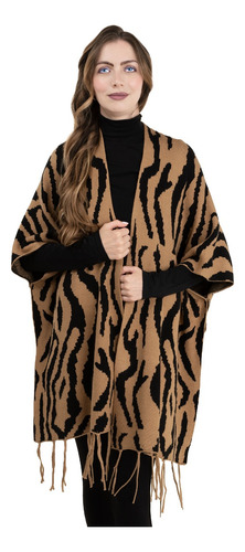 Poncho Capa Chal Tejido Fino Estampado Tigre Elegante Suave.