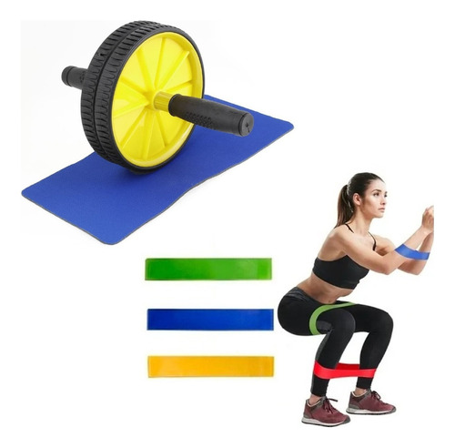 Kit Set Entrenamiento Rueda Abdominal + 3 Bandas Elásticas