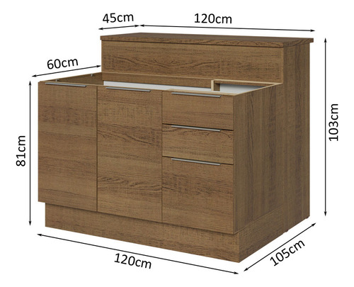 Ilha De Cozinha Com Bancada E Balcão 120 Cm Stella Madesa Cor Rustic