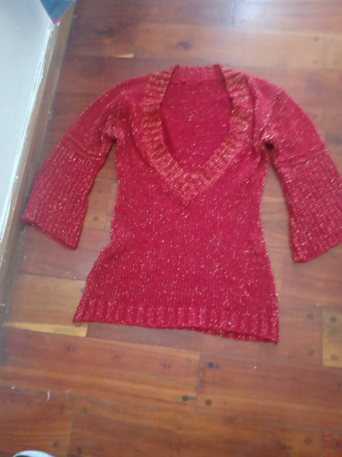 Sweater Poulover Talle M Rojo Brillante Escote En V Lana