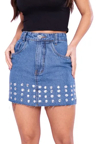 Saia jeans best sale bordada com pedraria