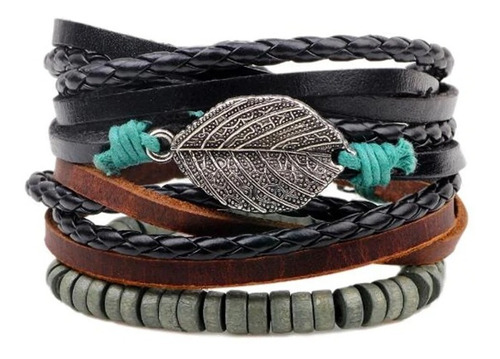 Conjunto Pulsera Brazalete Hombre Moda Soga Cuero 3 En 1