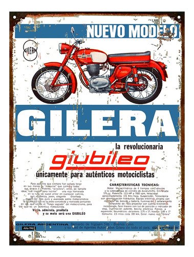 Cartel De Chapa Publicidad Retro Moto Gilera 20x28cm