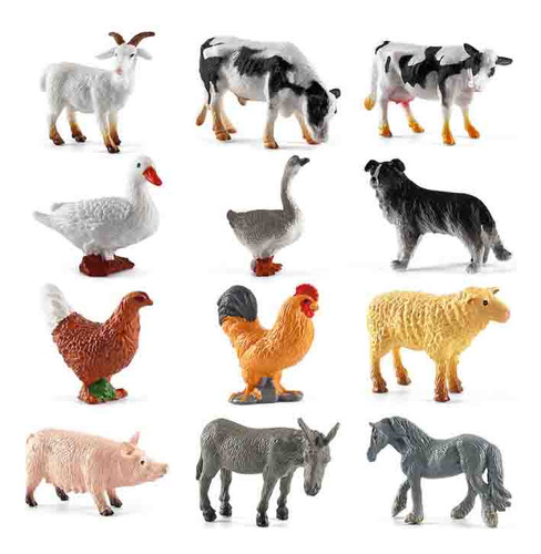 Kit Com 12 Animais De Brinquedo Miniaturas Zoo Fazenda