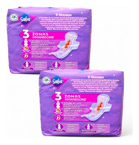 2 Toallas Saba Buenas Noches C/alas Flujo Abundante C/8 Pz