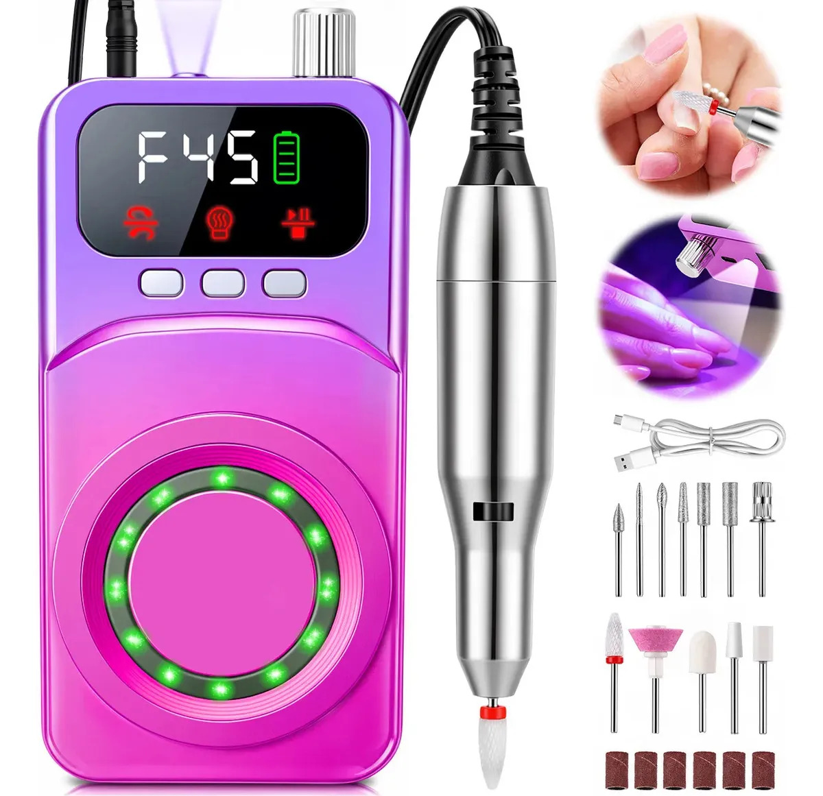 Lixadeira De Unhas Com Luz UV Integrada E Velocidade De 45000 RPM, Motor De Unha Ablevaz Com Velocidade Ajustável E Reversível, Iixadeira Manicure Com 12 Brocas e 6 Lixas Para Salão E Uso Doméstico