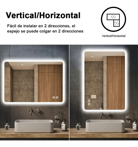 Espejo Led Baño Touch 3 Modo 60x80cm 2 Uso