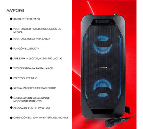 Parlante Portátil Karaoke Pedestal Aiwa Aw-pok6 - Vc Color Negro