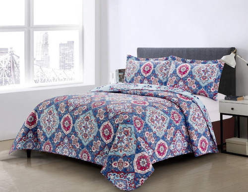 Imagen 6 de 6 de Cubrecama Quilt Cover Reversible +fundas Queen Calgary D1