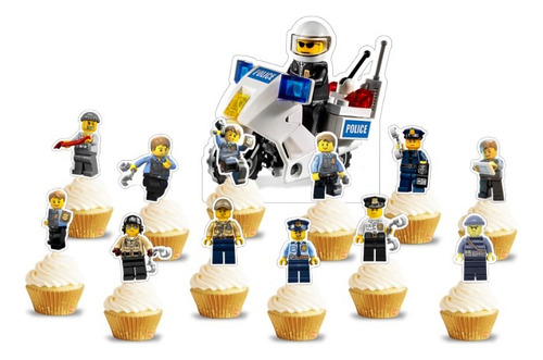 Topper Cupcake Adorno Pinchos Muffins X12 Lego Policia Azul Lego