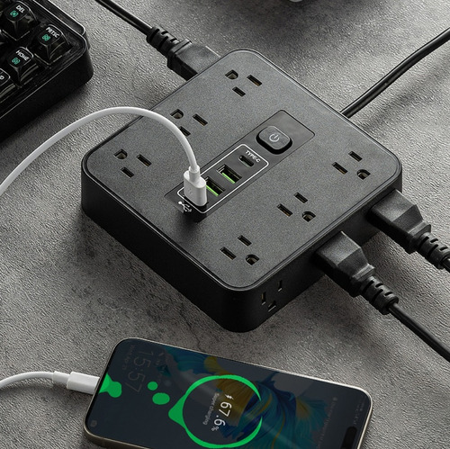 1 Regleta Multicontacto Extension Usb, Con12 Salidas Ca Y 3 Puertos Usb (1 Usb C), Enchufe/conector Multiple, 2 M Extension Electrica, Para Dormitorio, Casa, Dorm, Oficina (negro