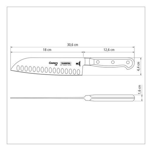 Cuchillo Santoku Tramontina Century con Lámina en Acero Inoxidable y Mango en Policarbonato Negro y Fibra de Vidrio 7"