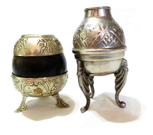 Antiguos Mates De Alpaca Calabaza Y De Metal Blanco 3 Patas Plata Tallado (Usado)